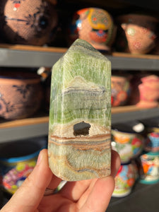 Banded Green Calcite Tower with “Cave”