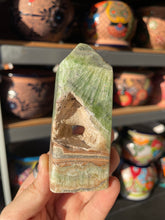 Load image into Gallery viewer, Banded Green Calcite Tower with “Cave”
