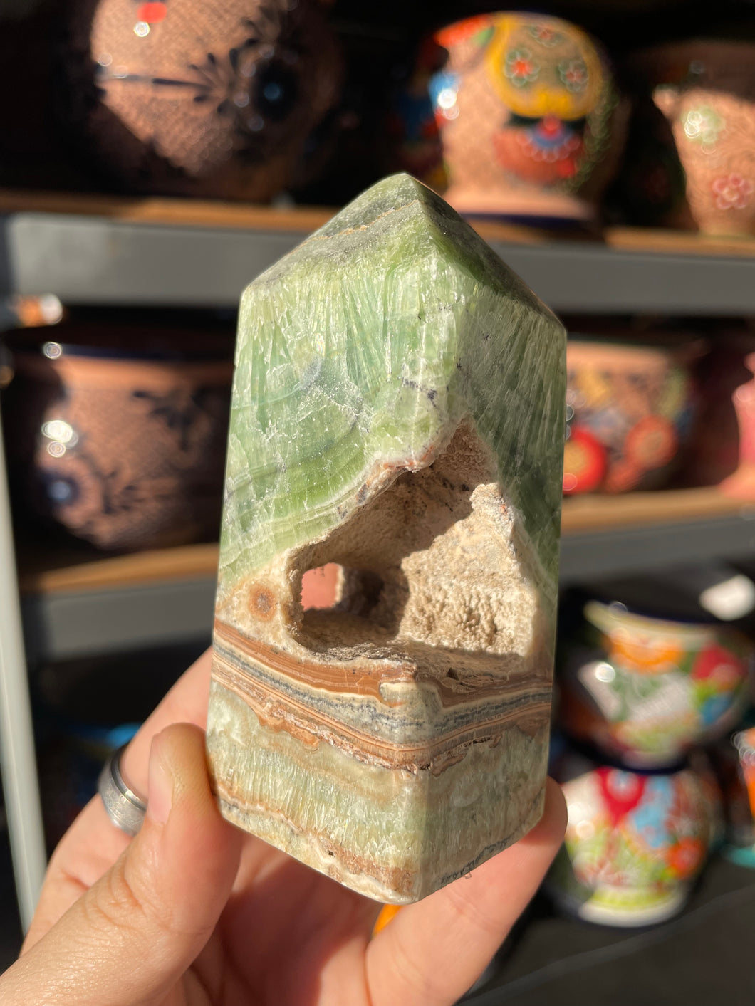 Banded Green Calcite Tower with “Cave”